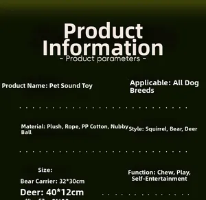 Detailed chart showing toy materials like plush, hemp rope, and sizes for all dog breeds