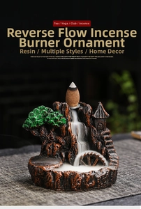 Detail of landscape backflow incense burner showing waterwheel and mountain resin texture