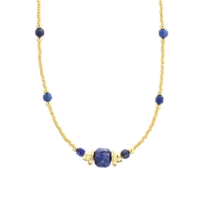 Lapis lazuli and gold bead choker necklace with faceted blue stones and center barrel bead