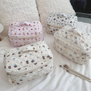 Detailed macro of quilted cartoon cosmetic bags with handle and soft bear patterns