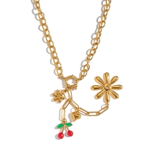 Detailed view of 18K gold-plated chain necklace with cherry, heart and flower charms