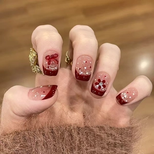 Burgundy French Cat Eye Press On Nails With 3D Bow Flower Rhinestone Polka Dot ABS False Nails
