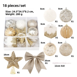 Detail of 18-piece champagne gold Christmas tree ornament set including stars and bows