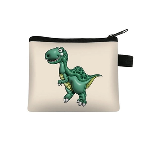 Detail of a beige cartoon dinosaur coin purse with a black zipper and side strap