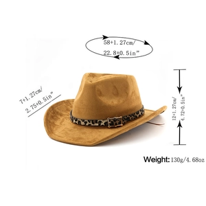 Detailed size guide of a camel suede cowboy hat featuring leopard print belt and buckle