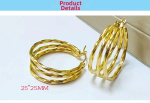 Detail view of 25mm 18K gold plated stainless steel hoop earrings with twisted triple layers