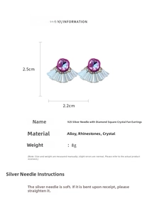 Detailed size specifications for purple crystal fan earrings with silver needles and rhinestones