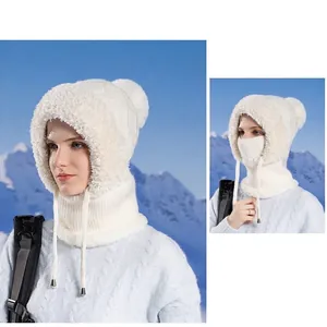 Winter fleece-lined knitted balaclava for women with pom-pom and plush faux fur trim
