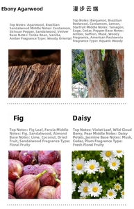 Detailed fragrance notes guide for four different scent oils with ingredient visuals