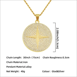 Gold iced-out round pendant necklace with cross star and dimensions 2.08 inch