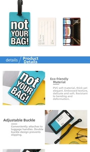 Detail of blue PVC luggage tag with 'not YOUR BAG!' text and personal information card