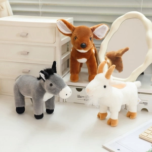 Standing plush toys collection featuring a cute donkey, deer, and goat in a cozy room