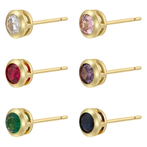 Round Stud Earrings Brass 18K Gold Plated Colorful Cubic Zirconia Bezel Set Minimalist Jewelry For Women