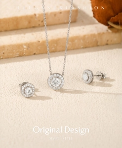 Elegant D-color moissanite jewelry set with halo necklace and stud earrings in silver