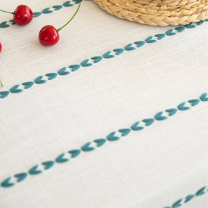 Vintage green embroidery on white cotton linen rectangular tablecloth for festive decor