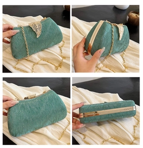Detail views of green glitter evening clutch box bag with gold leaf clasp and chain strap