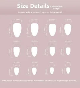 Size guide for almond-shaped press-on nails featuring twelve unique dimensions for a perfect fit