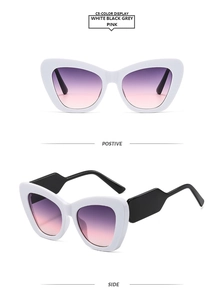 Fashionable cat eye sunglasses with white frame and purple gradient lenses in dual view