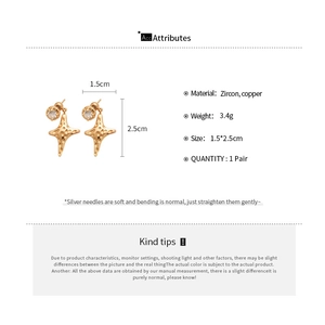 Detailed chart showing gold-plated star earrings size, weight, and zircon materials