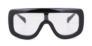Front view of modern oversized black shield glasses with clear lenses and polished frames