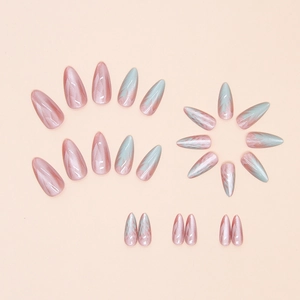 Pink and blue gradient cat eye almond press-on nails set with 24 pieces in various sizes