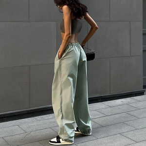 Pantalon Cargo Femme Taille Haute Mélange Coton Cordon De Serrage Ample Jambe Large Pantalon Parachute Streetwear
