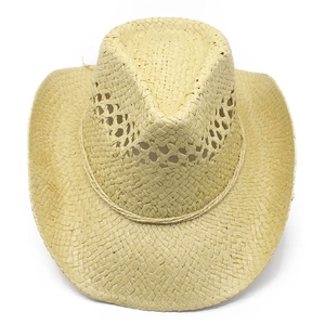 Detail of breathable hollow-out weave on beige straw cowboy hat with a braided band