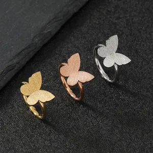 Butterfly Ring Stainless Steel Frosted 3D Double Animal Shape Fashion Elegant Finger Jewelry For Women