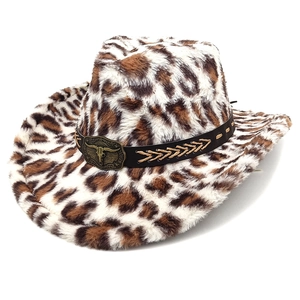 Faux fur leopard print cowboy hat with vintage bronze bull head metal buckle decoration
