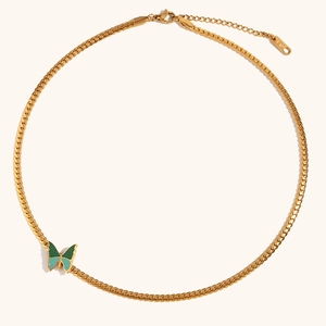 Gold stainless steel NK chain choker necklace with a teal and blue butterfly pendant