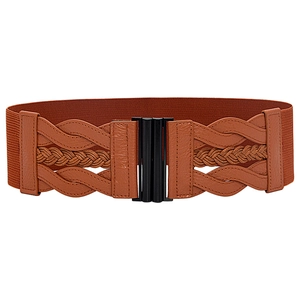 Detail of a brown elastic waist belt with woven PU texture and black metal clasp
