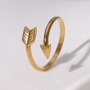 Minimalist 18k gold plated stainless steel arrow open ring shown at a 45-degree angle