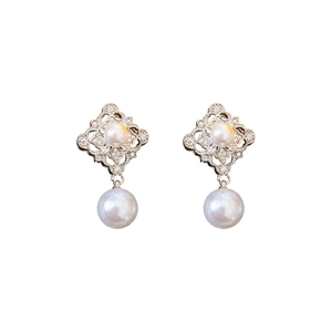 Silver geometric hollow earrings with white pearls and sparkling cubic zirconia stones