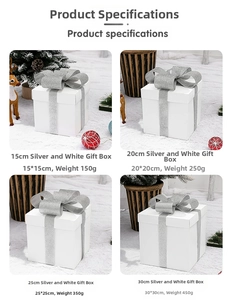 Size chart showing silver Christmas gift box set in 15cm to 30cm dimensions with weights
