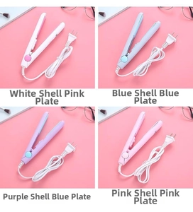 Mini hair straighteners in macaron colors including pink, blue, purple with ceramic plates