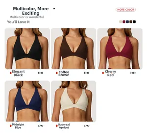 Detailed matrix view of seamless high-stretch sports bras in five diverse elegant colors