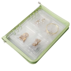 Green fabric jewelry organizer book with transparent PVC pockets for anti-oxidation storage