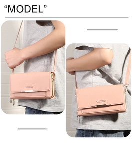 Detail view of pink multi-layered crossbody phone bag with double zipper and gold hardware