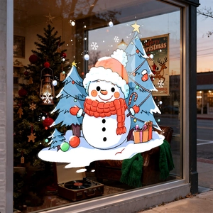 Christmas Window Sticker Static Cling PVC Double Sided Cartoon Snowman Tree Gift Glass Holiday Decor