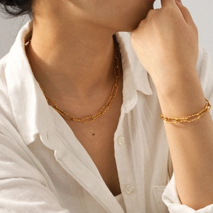 Golden hammered cross chain necklace and bracelet set for women in stainless steel