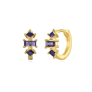 Macro detail of gold earrings with purple step-cut stones and s925 silver needle post