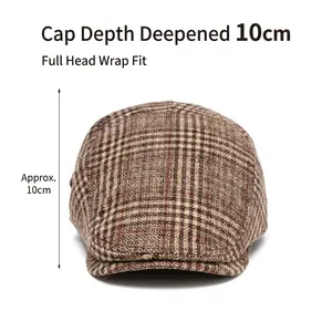 Classic plaid newsboy cap in brown and beige with 10cm deep warm fleece lining