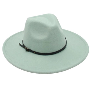 Close-up of mint green wool fedora hat featuring a black leather band and gold metal buckle