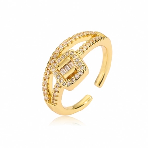 Minimalist gold plated zircon ring with irregular geometric open band and cubic zirconia