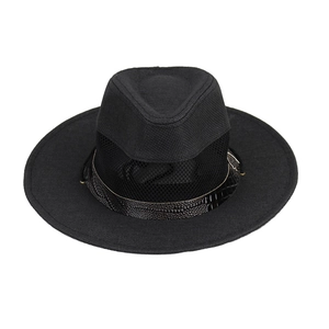Breathable black mesh straw hat with faux crocodile leather band and metal buckle detail