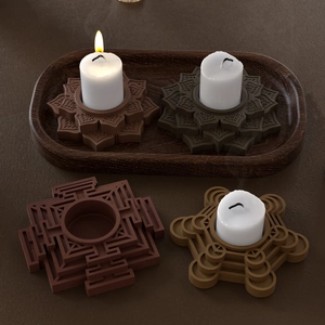 Lotus flower and geometric wooden candle holders with white pillar candles for zen decor