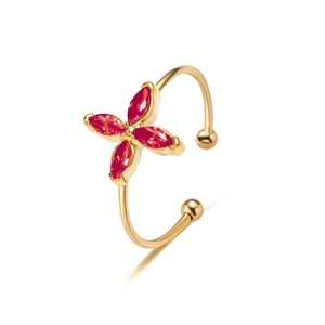 Luxury 18K gold-plated titanium steel ring with red marquise-cut clover zircon