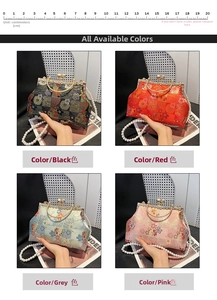 Detail view of oriental jacquard embroidery purses with pearl straps in four colors
