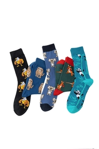 Flat lay of four cotton crew socks featuring eagle, sloth, koala, and panda patterns