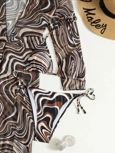 Three-piece bikini set with brown wave pattern including mesh cover-up and sun hat